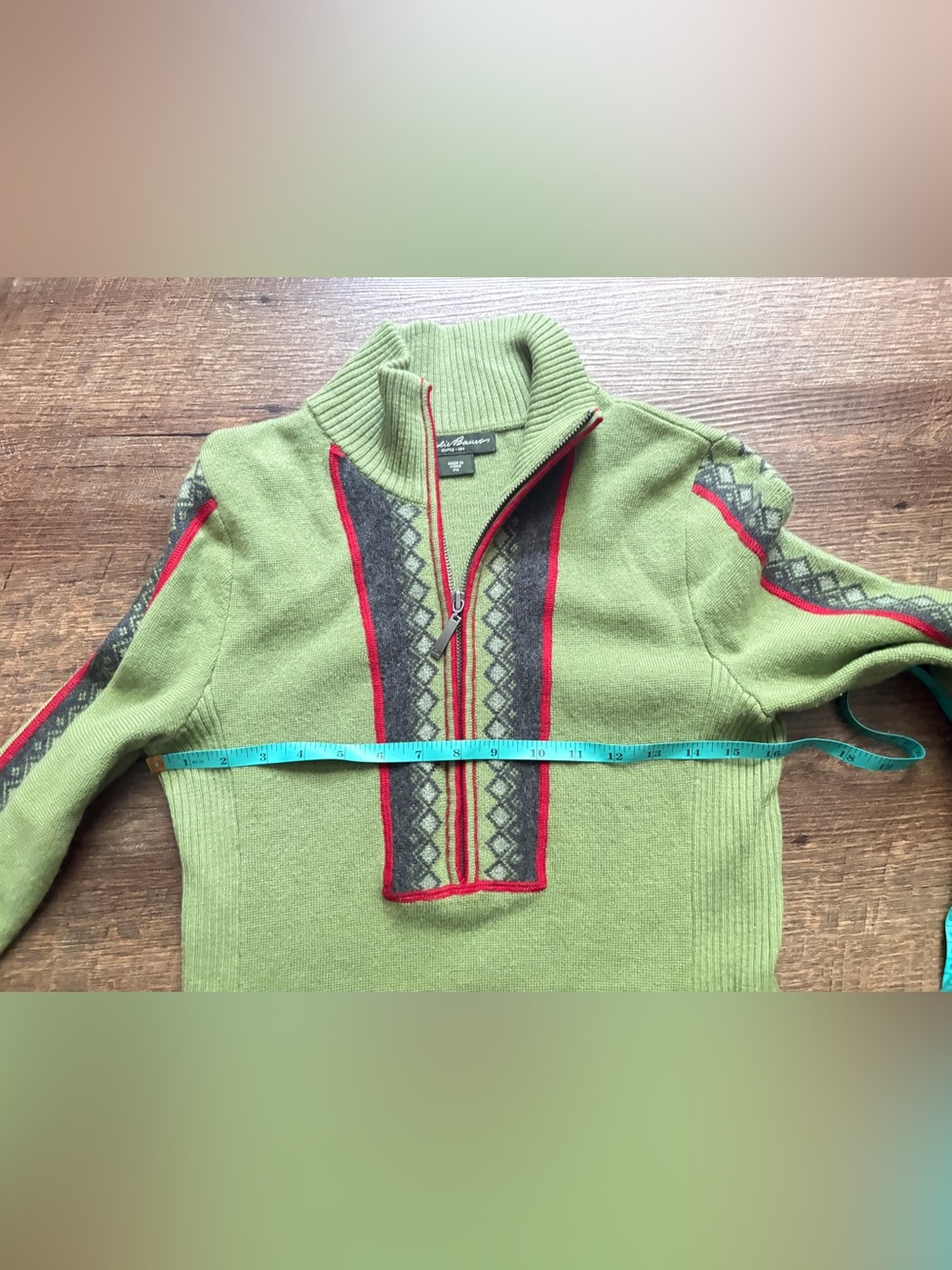 Eddie Bauer Fair Isle Merino Wool half Zip Sweater Green Petite Medium PM EUC - Picture 7 of 13